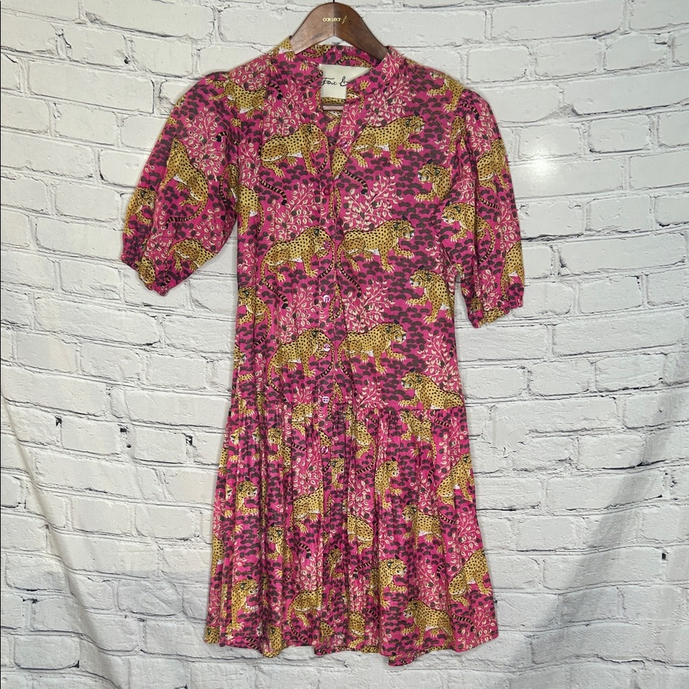Fox & Hen Pink Leopard Print Button-Front Dress W/Ruffle Hem Size Small